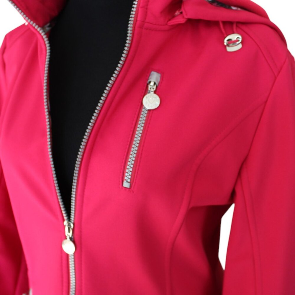 Betsey Johnson Soft Shell Hooded Coat Pink Water Repellent Ruffle, Size M, EUC - Picture 8 of 16